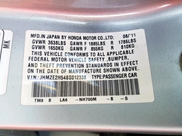 JHMZE2H54BS012338 - 2011 HONDA INSIGHT LX SILVER photo 10