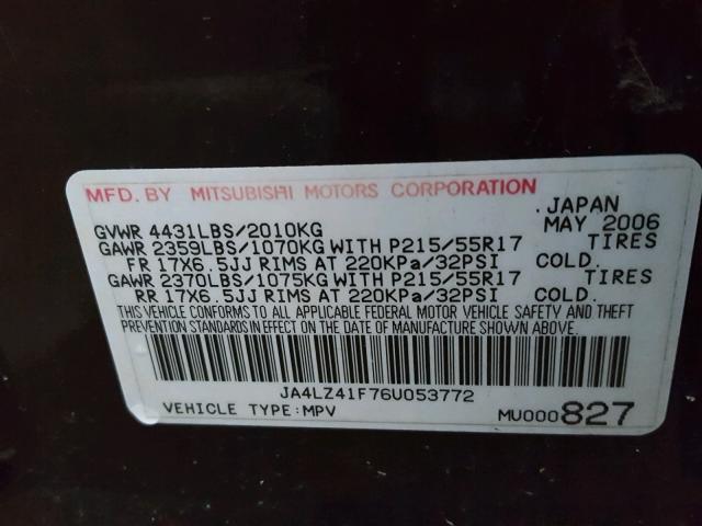 JA4LZ41F76U053772 - 2006 MITSUBISHI OUTLANDER BLACK photo 10