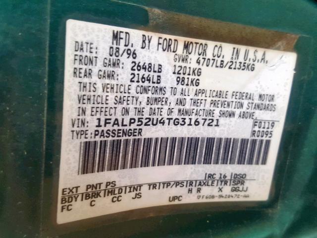 1FALP52U4TG316721 - 1996 FORD TAURUS GL GREEN photo 10