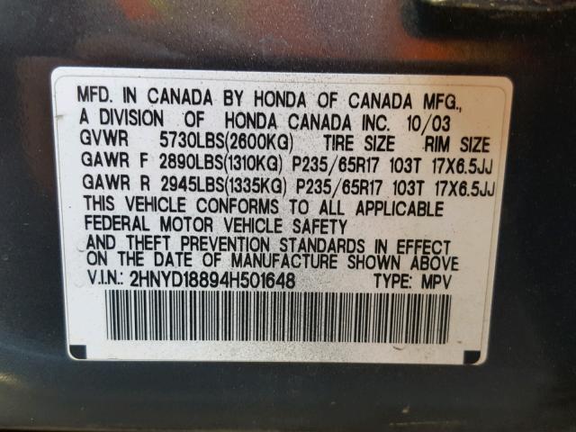 2HNYD18894H501648 - 2004 ACURA MDX TOURIN BLUE photo 10