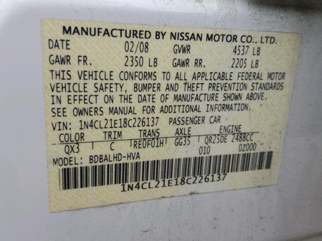 1N4CL21E18C226137 - 2008 NISSAN ALTIMA HYB WHITE photo 10