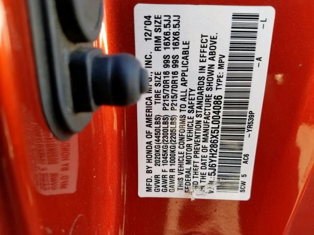 5J6YH286X5L004086 - 2005 HONDA ELEMENT EX ORANGE photo 10