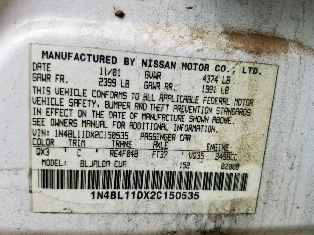 1N4BL11DX2C150535 - 2002 NISSAN ALTIMA SE WHITE photo 10