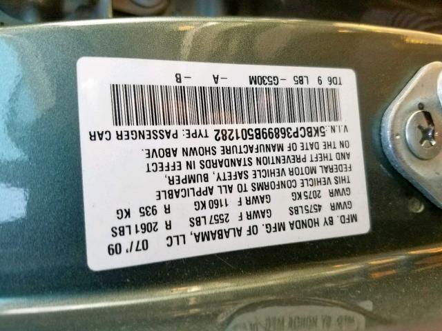 5KBCP36899B501282 - 2009 HONDA ACCORD EXL TEAL photo 10