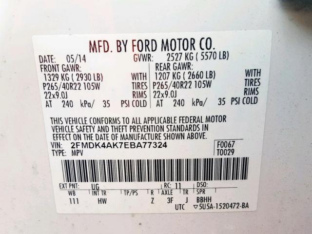 2FMDK4AK7EBA77324 - 2014 FORD EDGE SPORT WHITE photo 10