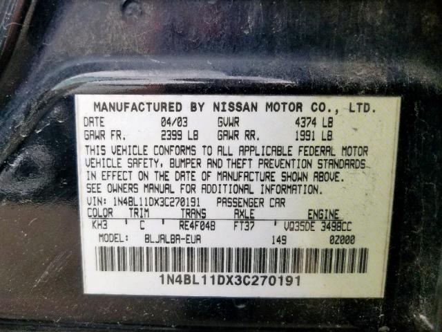 1N4BL11DX3C270191 - 2003 NISSAN ALTIMA SE BLACK photo 10