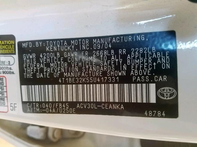 4T1BE32K55U417331 - 2005 TOYOTA CAMRY LE WHITE photo 10