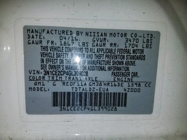 3N1CE2CP4GL399028 - 2016 NISSAN VERSA NOTE WHITE photo 10