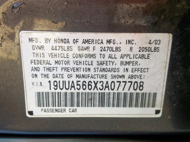 19UUA566X3A077708 - 2003 ACURA 3.2TL GRAY photo 10