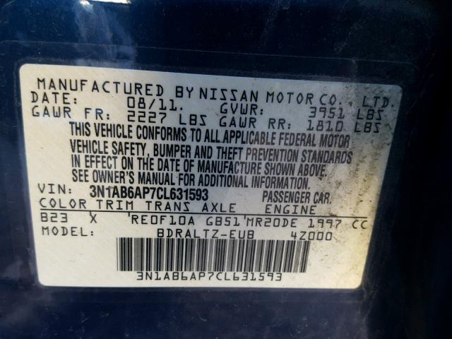 3N1AB6AP7CL631593 - 2012 NISSAN SENTRA 2.0 BLUE photo 10