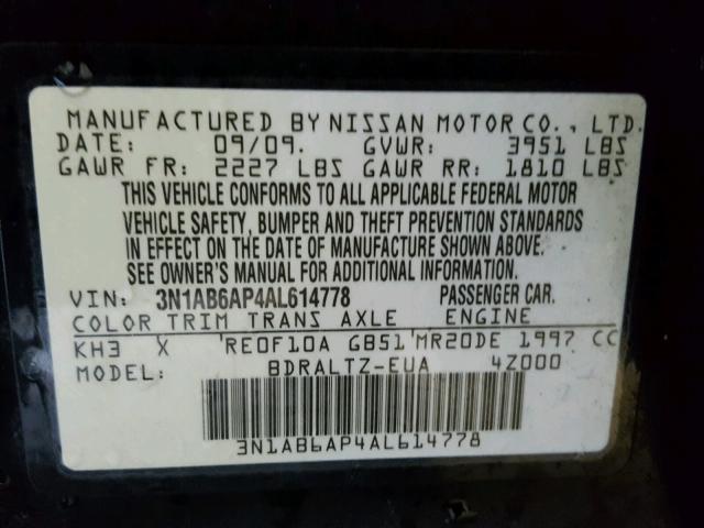 3N1AB6AP4AL614778 - 2010 NISSAN SENTRA 2.0 BLACK photo 10