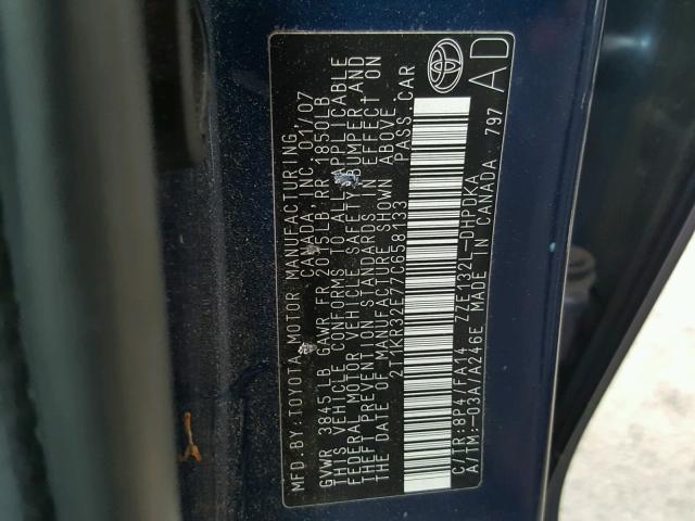 2T1KR32E77C658133 - 2007 TOYOTA COROLLA MA BLUE photo 10