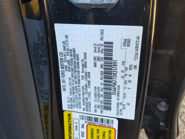 3FA6P0G77DR357891 - 2013 FORD FUSION S BLACK photo 10