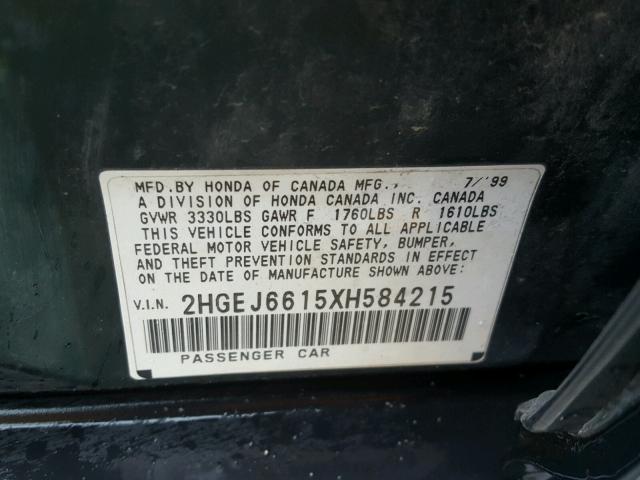 2HGEJ6615XH584215 - 1999 HONDA CIVIC BASE GREEN photo 10