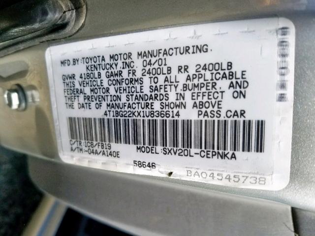 4T1BG22KX1U836614 - 2001 TOYOTA CAMRY CE SILVER photo 10