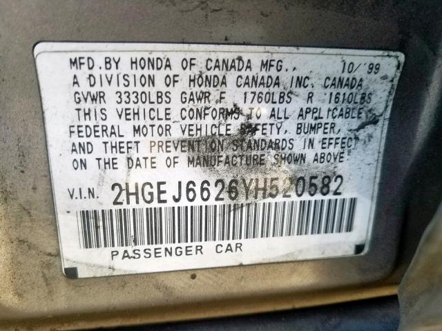 2HGEJ6626YH520582 - 2000 HONDA CIVIC DX GOLD photo 10