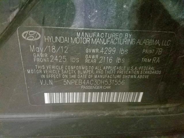 5NPEB4AC3DH531556 - 2013 HYUNDAI SONATA GLS BLACK photo 10