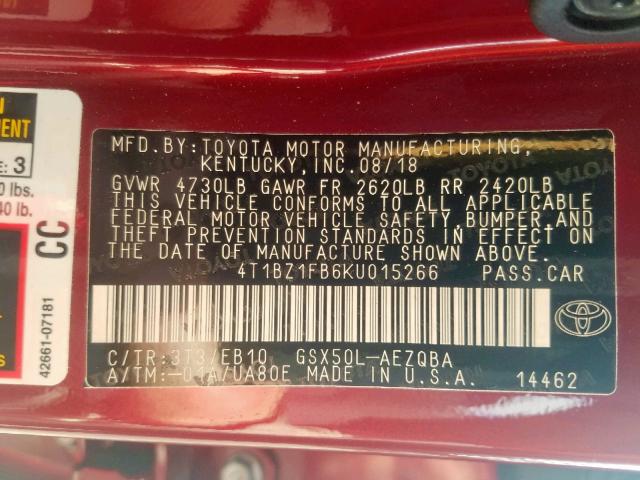 4T1BZ1FB6KU015266 - 2019 TOYOTA AVALON XLE RED photo 10