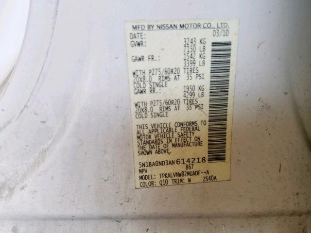 5N1BA0ND3AN614218 - 2010 NISSAN ARMADA SE WHITE photo 10