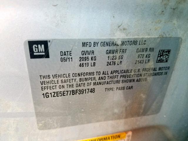 1G1ZE5E77BF391748 - 2011 CHEVROLET MALIBU LTZ ვერცხლისფერი ფოტო 10