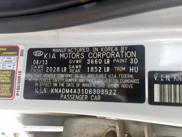 KNADM4A31D6303522 - 2013 KIA RIO LX SILVER photo 10