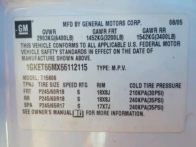 1GKET66MX66112115 - 2006 GMC ENVOY DENA WHITE photo 10