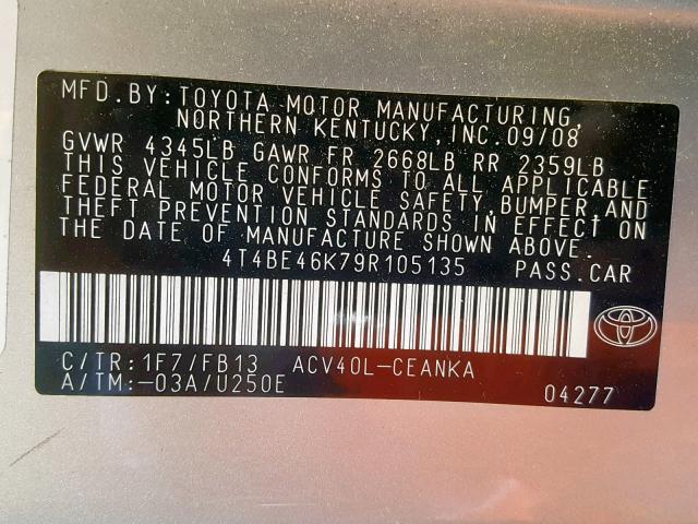 4T4BE46K79R105135 - 2009 TOYOTA CAMRY BASE SILVER photo 10