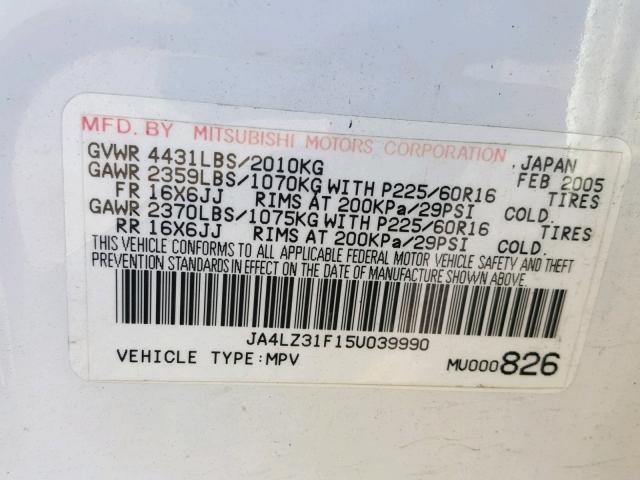 JA4LZ31F15U039990 - 2005 MITSUBISHI OUTLANDER WHITE photo 10