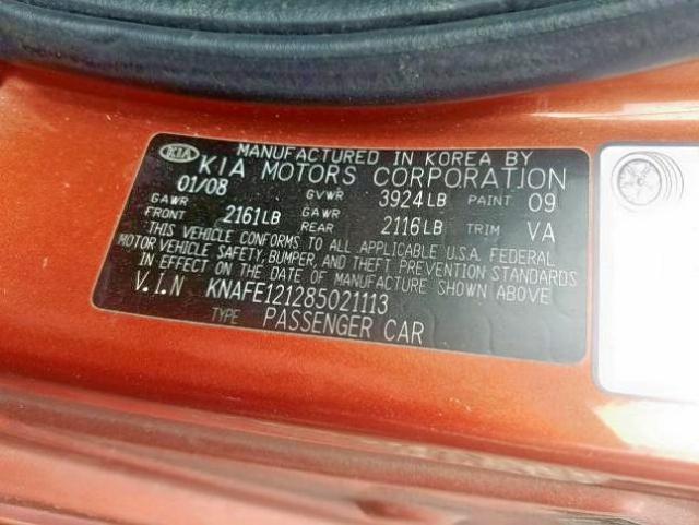 KNAFE121285021113 - 2008 KIA SPECTRA EX ORANGE photo 10