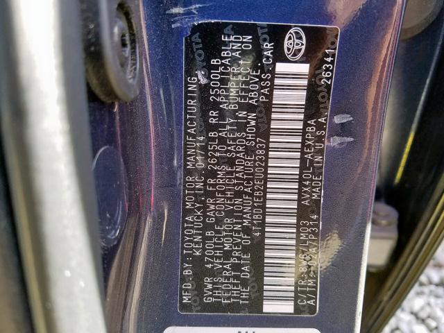 4T1BD1EB2EU023837 - 2014 TOYOTA AVALON HYB BLUE photo 10