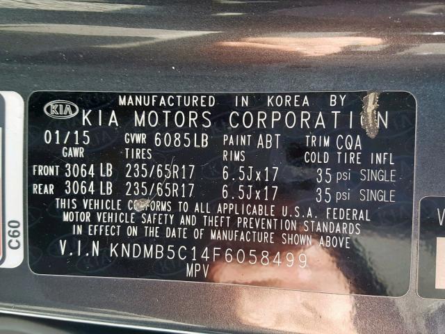 KNDMB5C14F6058499 - 2015 KIA SEDONA LX GRAY photo 10