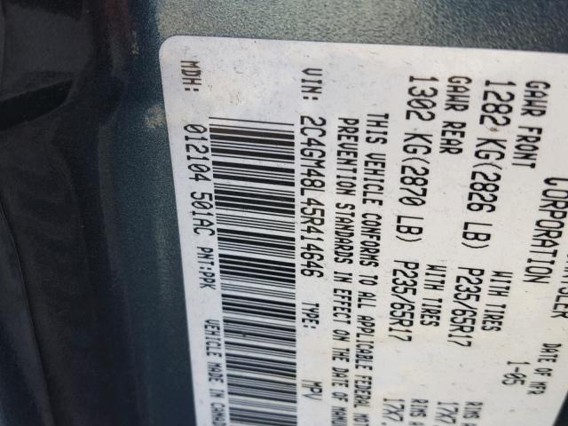 2C4GM48L45R414646 - 2005 CHRYSLER PACIFICA BLUE photo 10