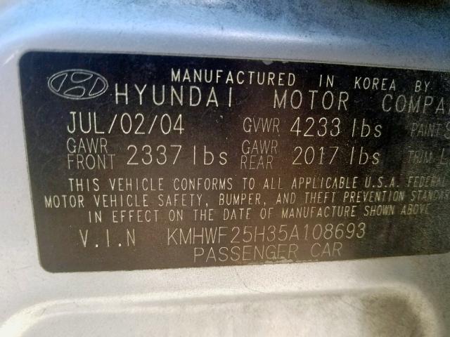 KMHWF25H35A108693 - 2005 HYUNDAI SONATA GL SILVER photo 10