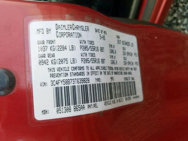 3C4FY58B73T639828 - 2003 CHRYSLER PT CRUISER RED photo 10