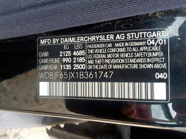 WDBJF65JX1B361747 - 2001 MERCEDES-BENZ E 320 BLACK photo 10