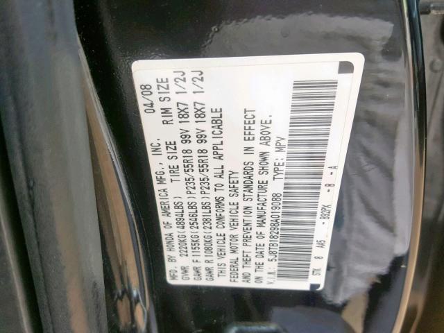 5J8TB18298A019088 - 2008 ACURA RDX BLACK photo 10