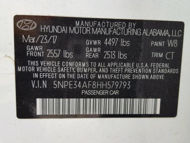 5NPE34AF8HH579793 - 2017 HYUNDAI SONATA SPO WHITE photo 10