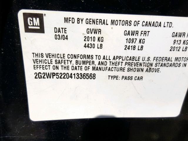 2G2WP522041336568 - 2004 PONTIAC GRAND PRIX BLACK photo 10