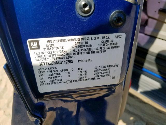 3GYEK63N53G119263 - 2003 CADILLAC ESCALADE E BLUE photo 10