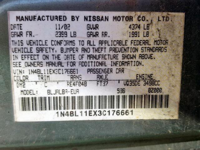 1N4BL11EX3C176661 - 2003 NISSAN ALTIMA SE GREEN photo 10