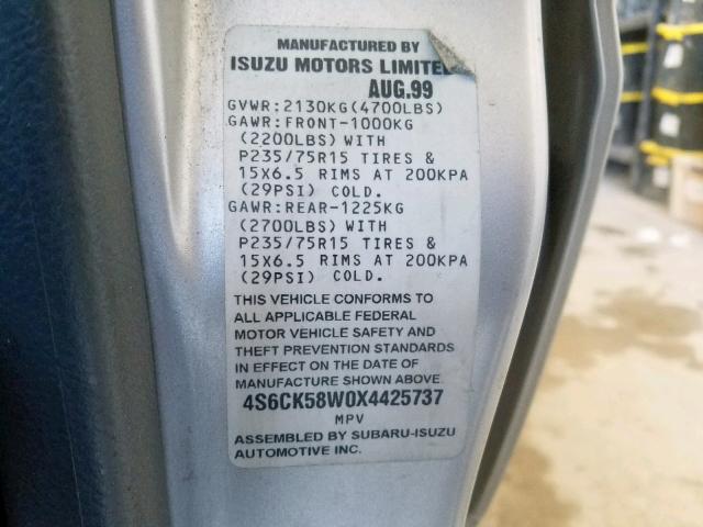 4S6CK58W0X4425737 - 1999 HONDA PASSPORT E ვერცხლისფერი ფოტო 10