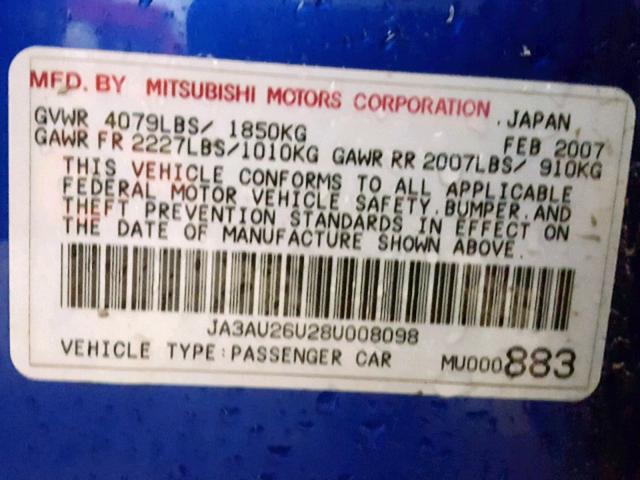 JA3AU26U28U008098 - 2008 MITSUBISHI LANCER ES BLUE photo 10