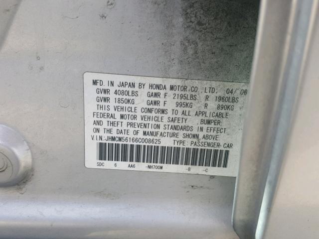 JHMCM56166C008625 - 2006 HONDA ACCORD VAL SILVER photo 10