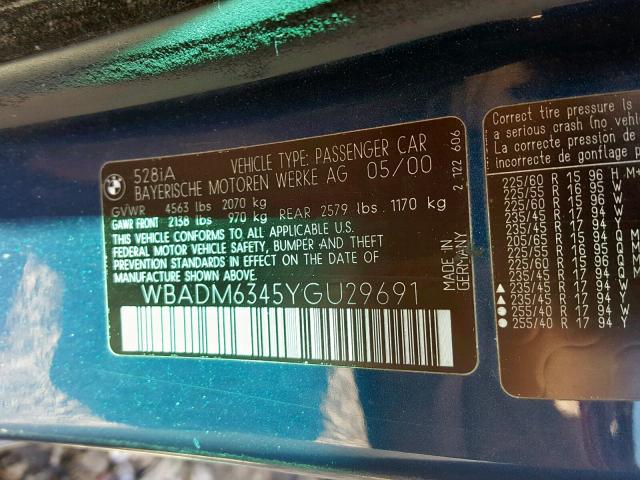 WBADM6345YGU29691 - 2000 BMW 528 I AUTO BLUE photo 10