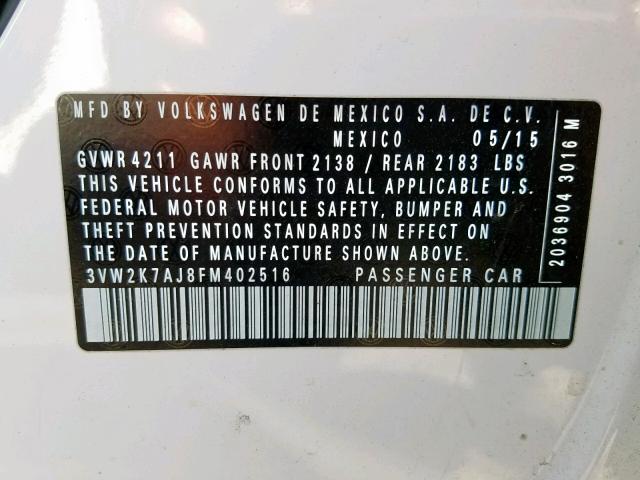 3VW2K7AJ8FM402516 - 2015 VOLKSWAGEN JETTA BASE Ağ foto 10