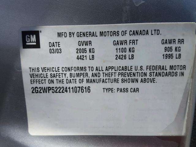 2G2WP522241107616 - 2004 PONTIAC GRAND PRIX SILVER photo 10