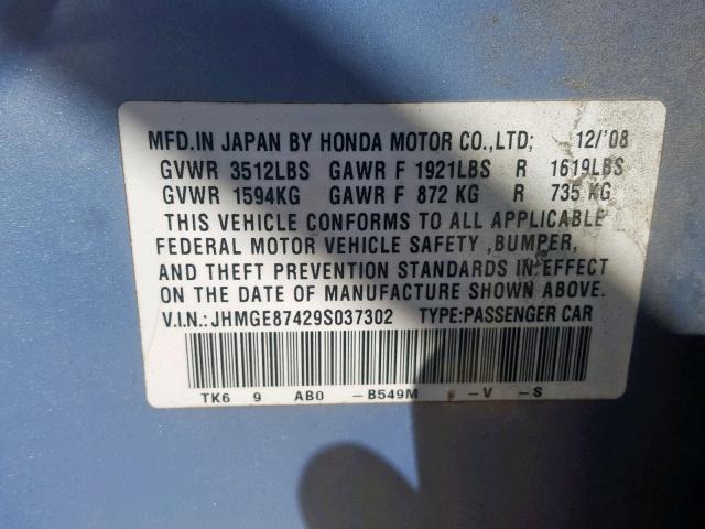 JHMGE87429S037302 - 2009 HONDA FIT SPORT BLUE photo 10