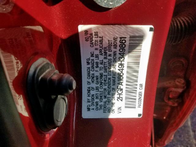 2HGFA16649H349861 - 2009 HONDA CIVIC LX-S Qırmızı foto 10