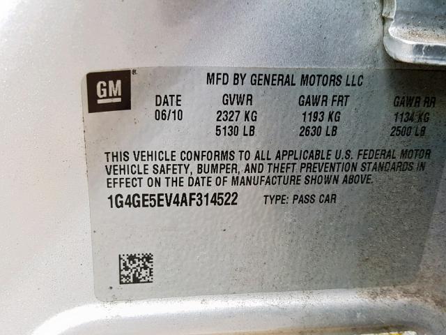 1G4GE5EV4AF314522 - 2010 BUICK LACROSSE C GRAY photo 10