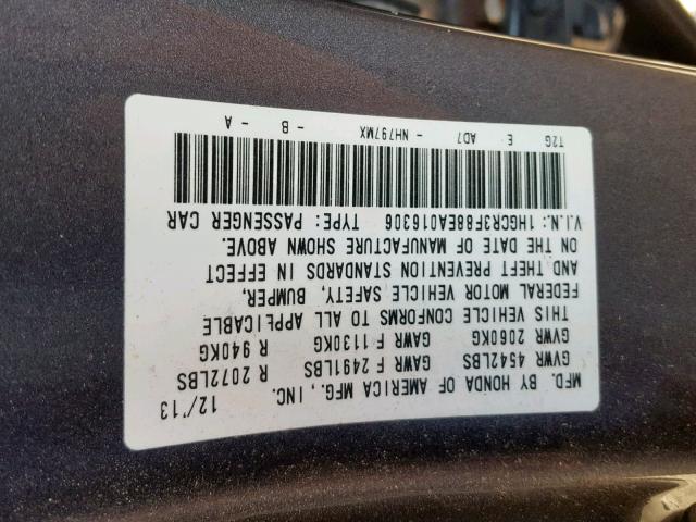 1HGCR3F88EA016306 - 2014 HONDA ACCORD EXL GRAY photo 10